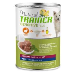 NATURAL TRAINER | SENSITIVE PLUS NO GLUTINE | CANE ADULTO MEDIO/MAXI | CONIGLIO E RISO GR.400